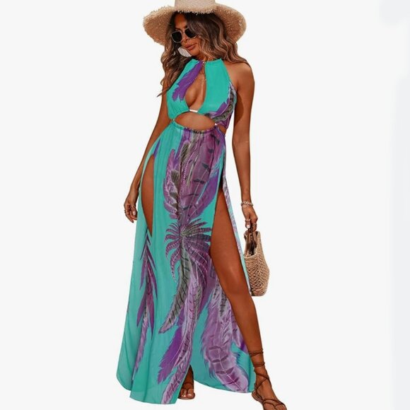 BIUBIU Women's Sexy Boho Floral Halter Summer Maxi Dress Beach Party Split Cover - Picture 1 of 16